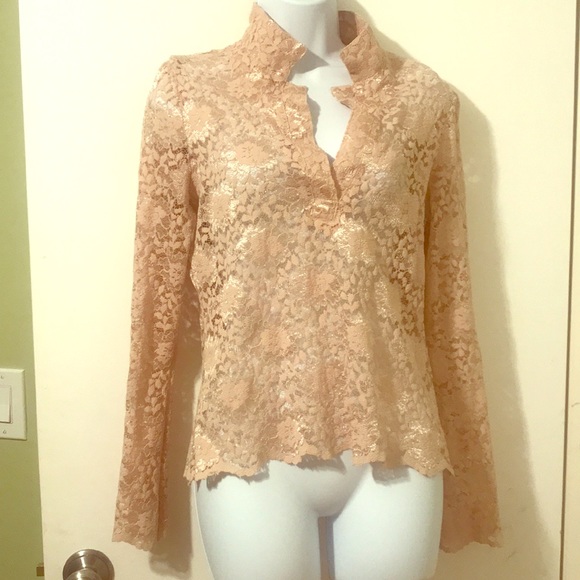 Moda International Tops - Just Glam Champagne Lace Sheer Mock Collar Top